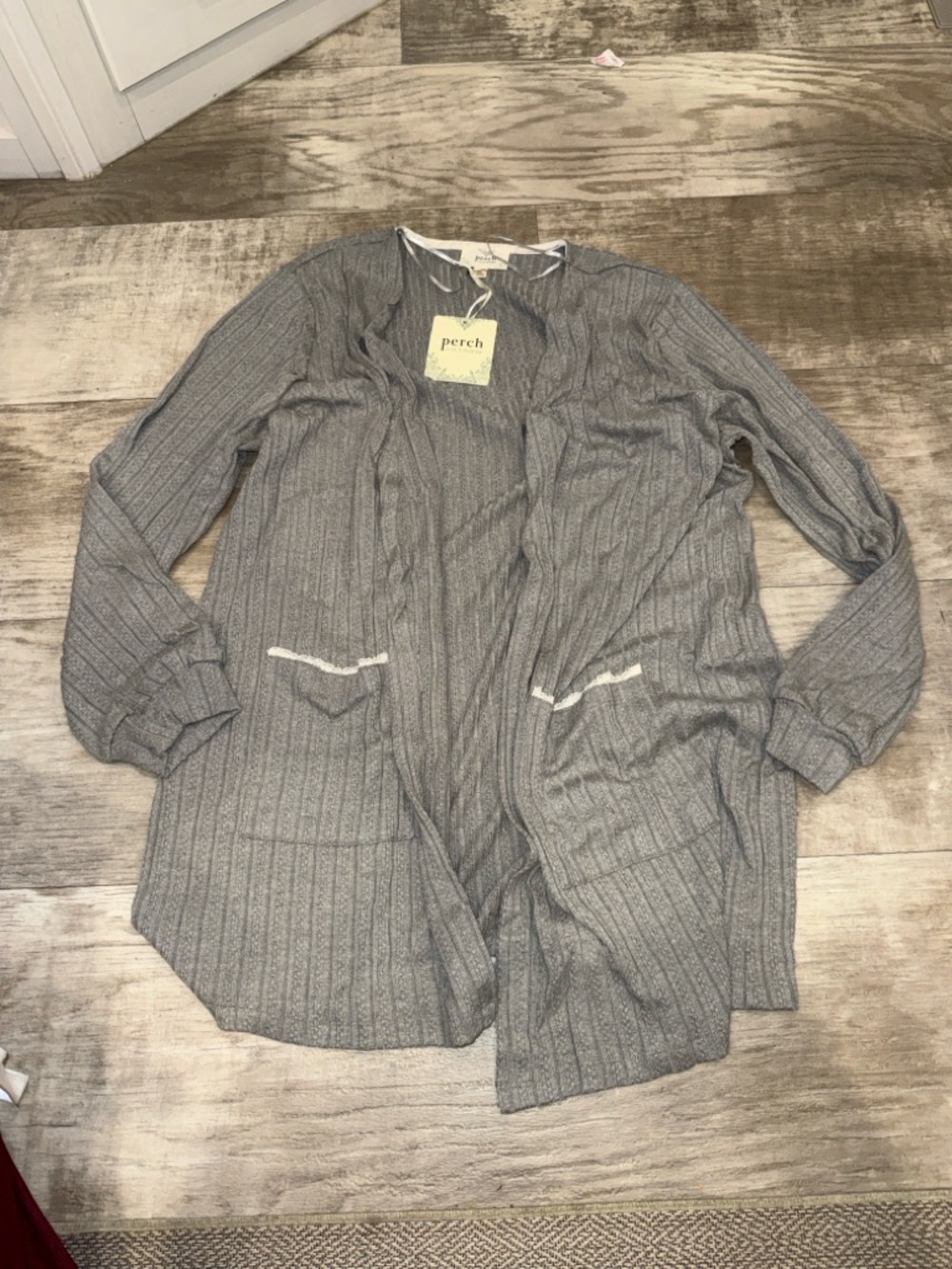 Perch Lightweight Open-Front Gray Ribbed Cardigan
